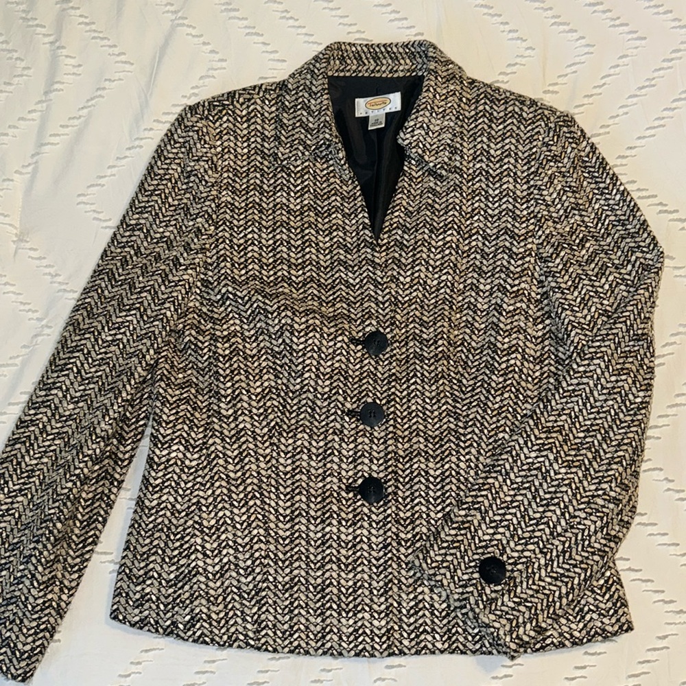 EUC Talbots Petite Women's 10 Nylon Acrylic Gold Black Button Down Blazer